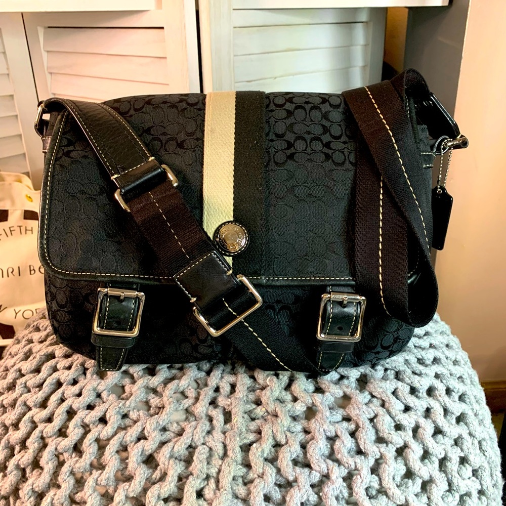 COACH Black Fabric C, Cream Stripe Black Leather Messenger Bag Royal Blue Lining